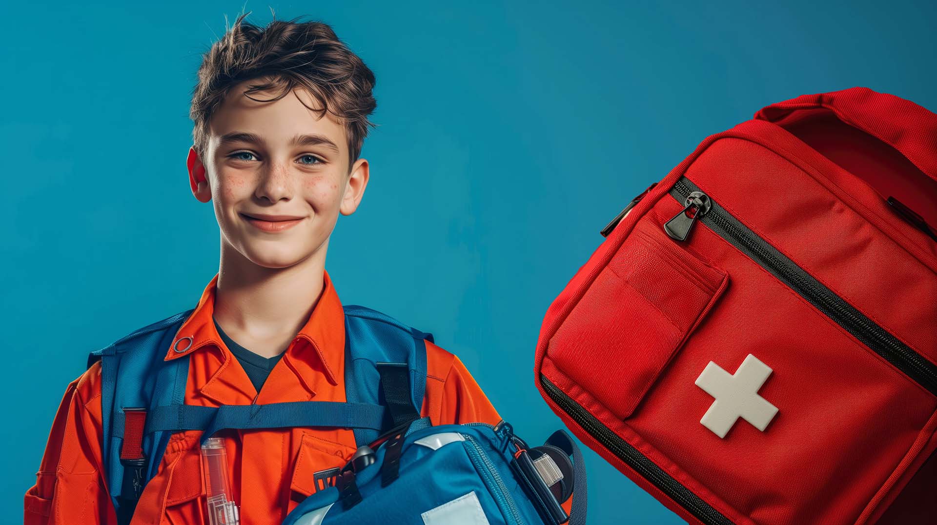 A teenage boy wearing a paramedic uniform, holding a medical kit